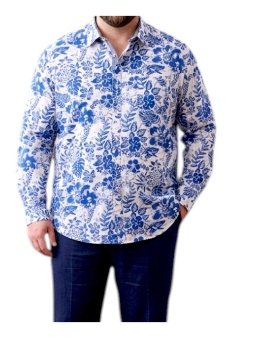 Crown & Ivy  Button Down Blue &  White Tropical Print Shirt Men’s Size 3X